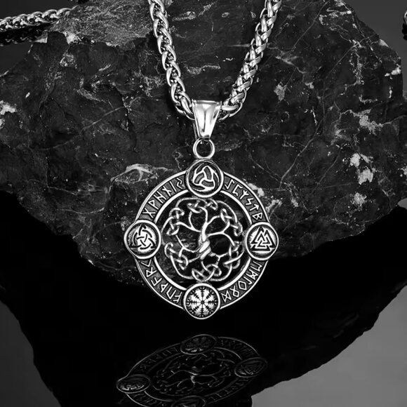 Jewelry - Norse Rune Tree of Life Pendant Necklace - Stainless Steel 24" #1534